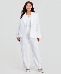 Kasper Plus Size Pearl Trim Shawl Collar Blaze Sleeveless Pearl Trim Blouse High Rise Straight Leg Pants