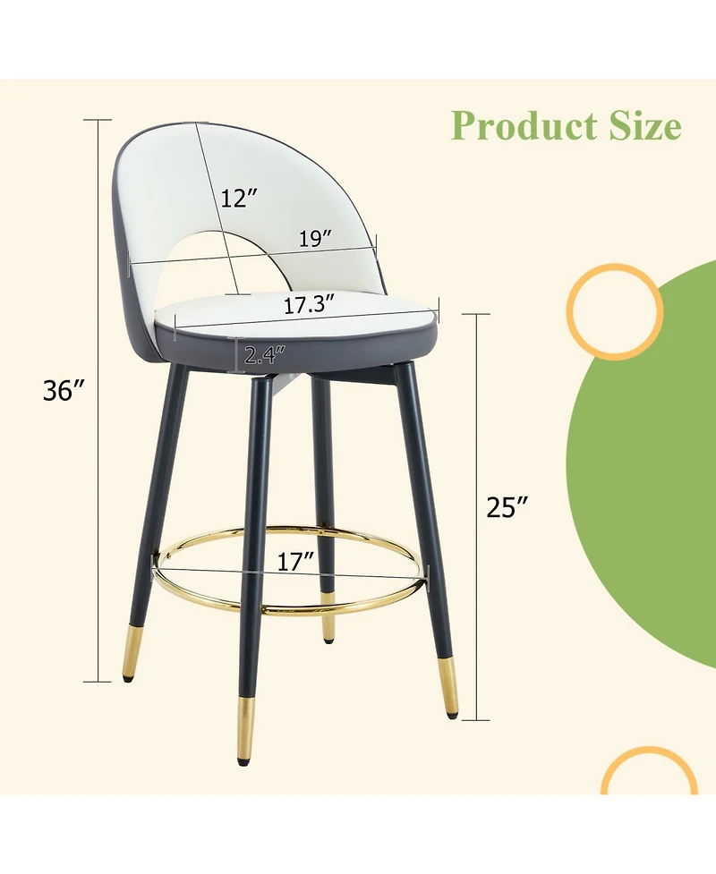 Streamdale Furniture 360 Swivel Bar Stools White & Gray Pu Black Metal Legs Set of 2