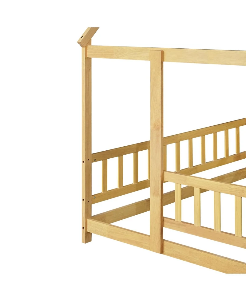 Streamdale Furniture Full Size House Floor Wooden Bed with Roof Frame Safety Guardrails Natural