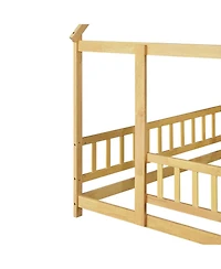 Streamdale Furniture Full Size House Floor Wooden Bed with Roof Frame Safety Guardrails Natural