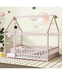 Streamdale Furniture Full Size House Floor Wooden Bed with Roof Frame Safety Guardrails