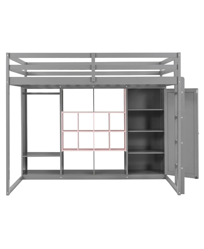 Streamdale Furniture Full Size Wood Loft Bed with Wardrobe, shelves and Cabinet, Gray+Pink