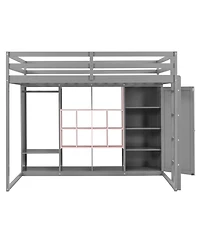Streamdale Furniture Full Size Wood Loft Bed with Wardrobe, shelves and Cabinet, Gray+Pink