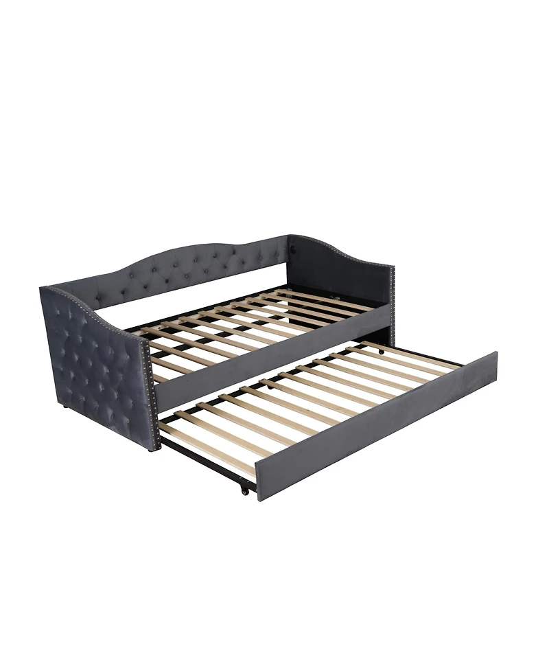 Streamdale Furniture Twin Upholstered Daybed with Trundle, Usb, Velvet