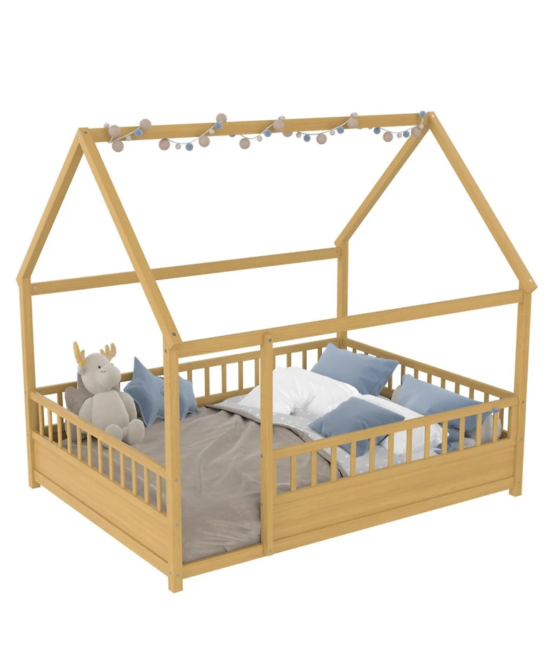 Streamdale Furniture Wooden House Bed with Fence (Full, Natural)