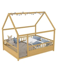 Streamdale Furniture Wooden House Bed with Fence (Full, Natural)
