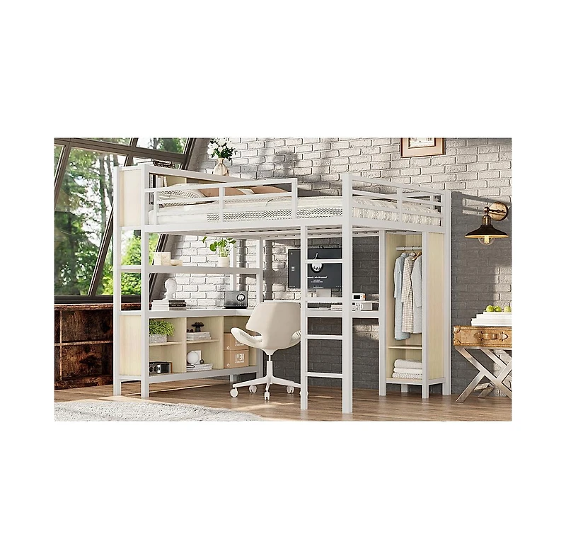 Streamdale Furniture Metal Queen Loft Bed with Wardrobe, Desk & Storage