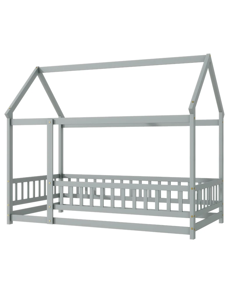 Streamdale Twin Size House Floor Wooden Bed with Roof Frame, Safety Guardrails, Grey