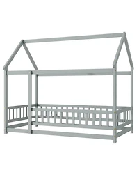 Streamdale Twin Size House Floor Wooden Bed with Roof Frame, Safety Guardrails, Grey