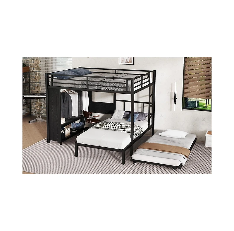 Streamdale Furniture Queen/Twin Bunk Bed with Wardrobe, Trundle, Desk, Ladders