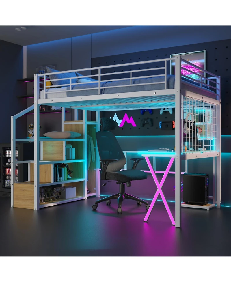 Streamdale Furniture Metal Loft Bed with Work Station, Wardrobe & Storage Staircase, White