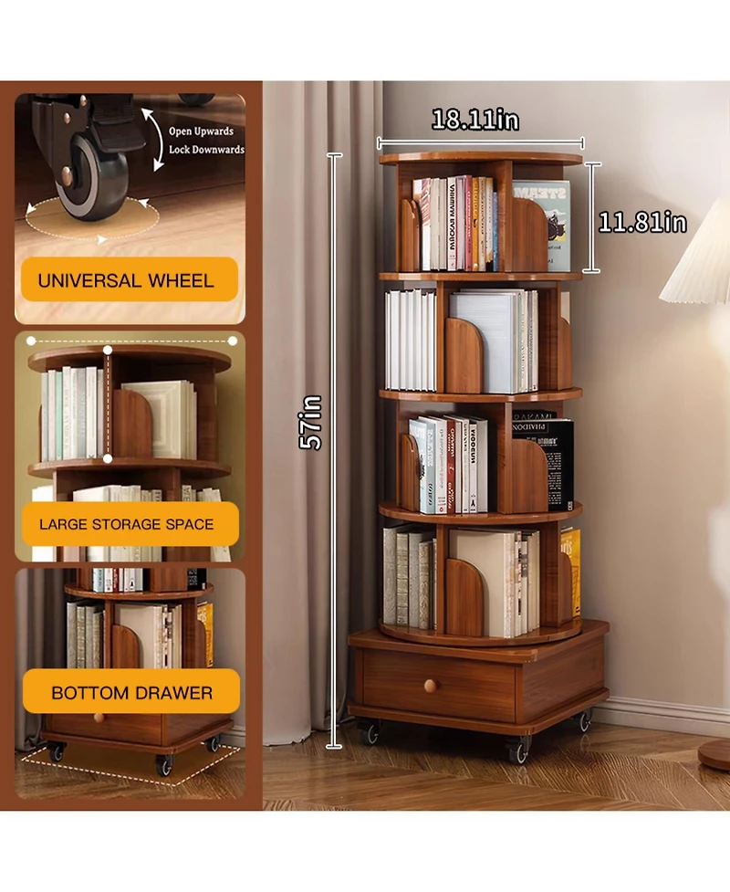 Streamdale Furniture Rotating 5-Tier Corner Bookshelf with Drawer (Walnut)
