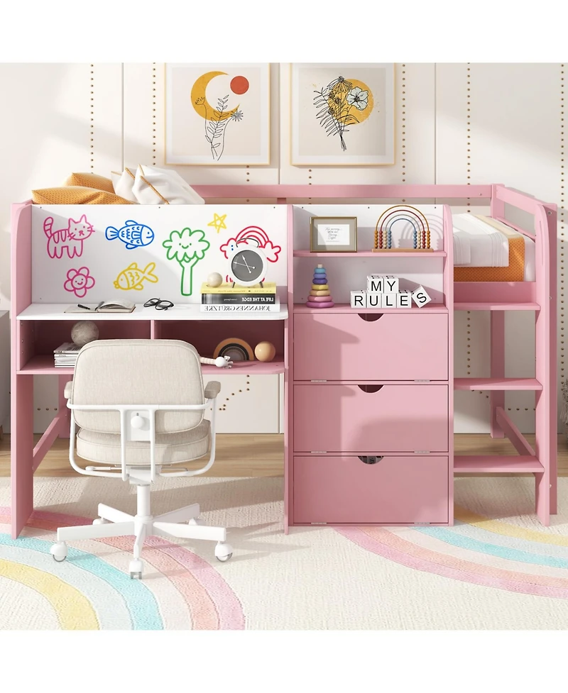Streamdale Furniture Pink Low Loft Bed with Desk, Storage & Whiteboard
