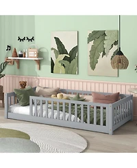 Streamdale Furniture Twin Floor Bed with Fence, Rubber Wood, Grey