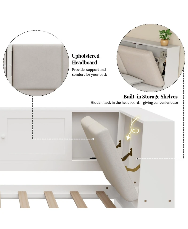 Streamdale Furniture Wooden Twin L-Shaped Daybed with Storage, Bookcase & Usb, White