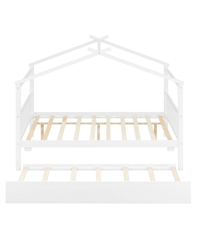 Streamdale Furniture Full Size Wooden House Bed with Twin Size Trundle, White