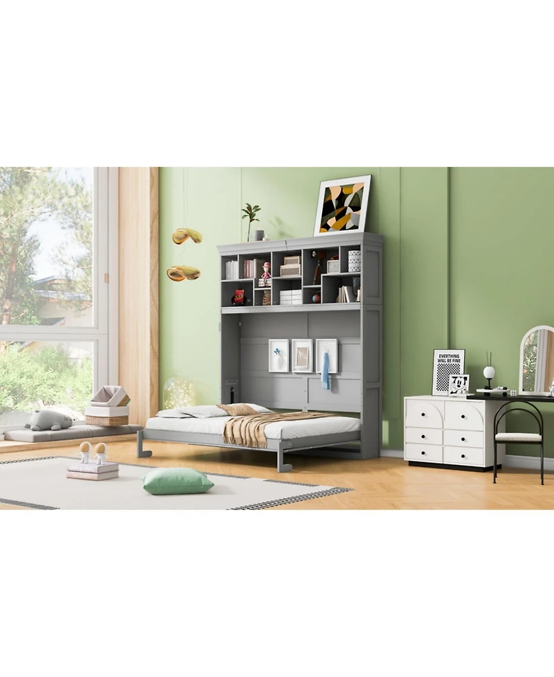 Streamdale Furniture Queen Size Murphy Bed Wall Bed with Top Shelves & Usb,Gray