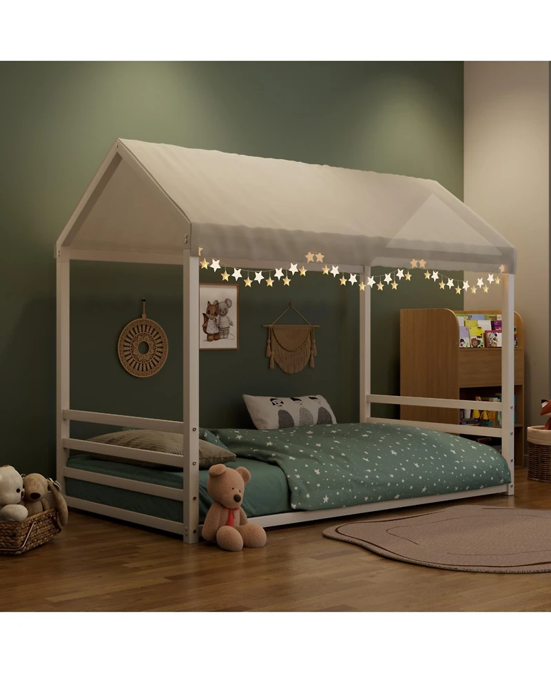 Streamdale Furniture Montessori Metal Floor Bed Frame, House Bed with Guardrails, Kids/Toddlers.