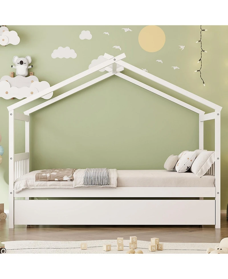 Streamdale Twin Wooden House Bed with Trundle, Gray
