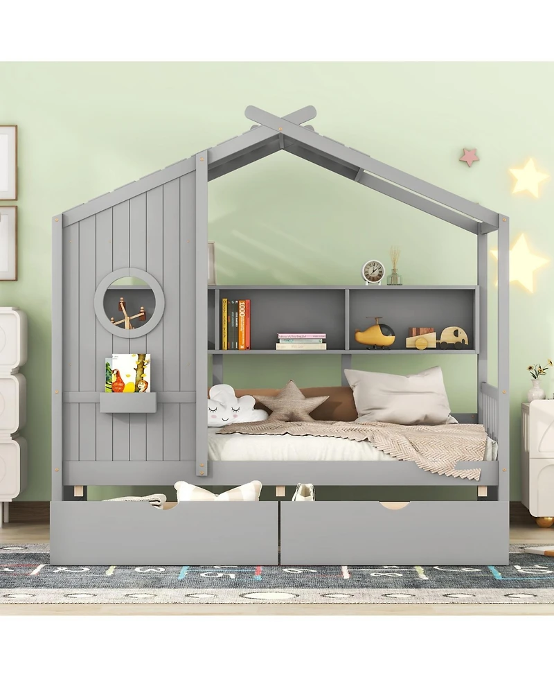 Streamdale Furniture Wooden Twin House Bed with 2 Drawers & Storage Shelf, Gray