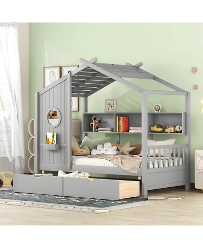 Streamdale Furniture Wooden Twin House Bed with 2 Drawers & Storage Shelf, Gray