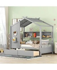 Streamdale Furniture Wooden Twin House Bed with 2 Drawers & Storage Shelf, Gray