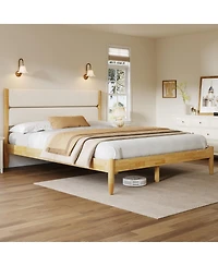 Streamdale Furniture Streamdale Queen Size Solid Wood Bed Frame With Fleece Upholstered Headboard, Ivory