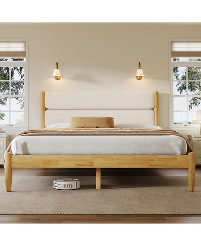 Streamdale Furniture Streamdale Queen Size Solid Wood Bed Frame With Fleece Upholstered Headboard, Ivory