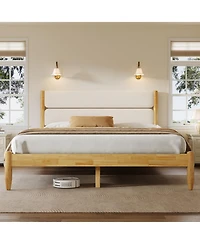 Streamdale Furniture Streamdale Queen Size Solid Wood Bed Frame With Fleece Upholstered Headboard, Ivory