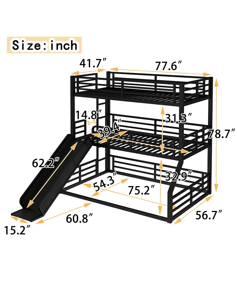 Streamdale Furniture Triple Bunk Bed with Slide, Metal, Black