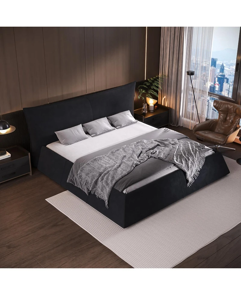 Streamdale Furniture Queen Upholstered Platform Bed, Velvet Headboard, Black