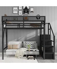 Streamdale Furniture Full Size Metal Loft Bed with Stairs, Storage & Wardrobe - Black