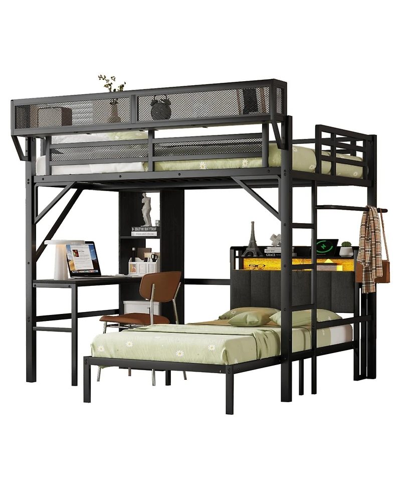 Streamdale Furniture Full/Twin Metal Bunk Bed w/ Desk, Shelves, Led & Charge