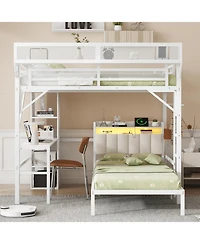 Streamdale Furniture Full/Twin Metal Bunk Bed w/ Desk, Bookshelves, Led, Charge - White