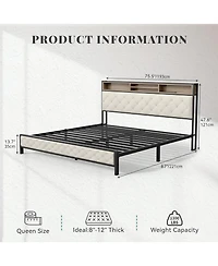 Streamdale Furniture King Upholstered Platform Bed Frame with Charging Station