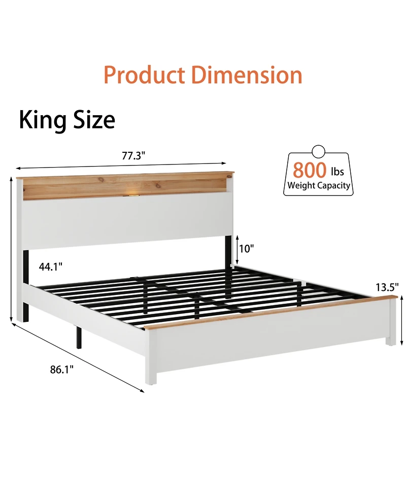 Streamdale Furniture King Bed Frame with Built-In Charging Station in Rustic White