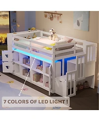Streamdale Furniture Kids' Pine Loft Bed with Storage, Stairs & Led Lights