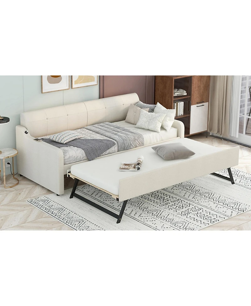 Streamdale Furniture Twin Upholstered Daybed with Trundle & Usb, Beige
