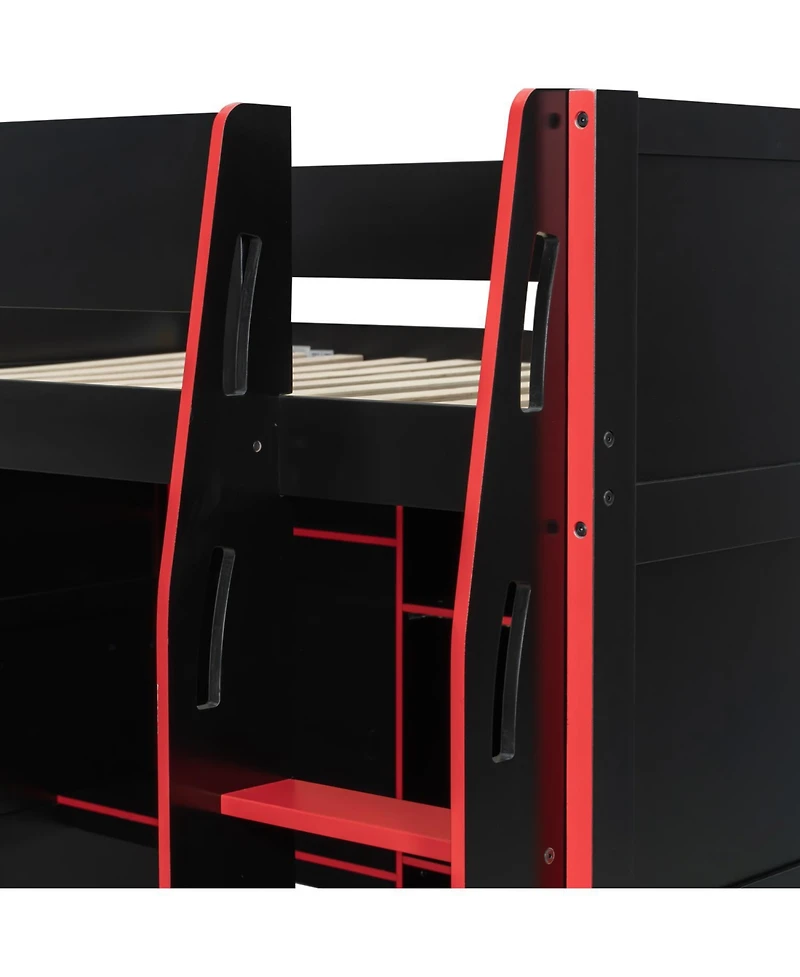 Streamdale Furniture Full Size Wood Loft Bed with Desk Wardrobe Storage & Rgb Lights Red