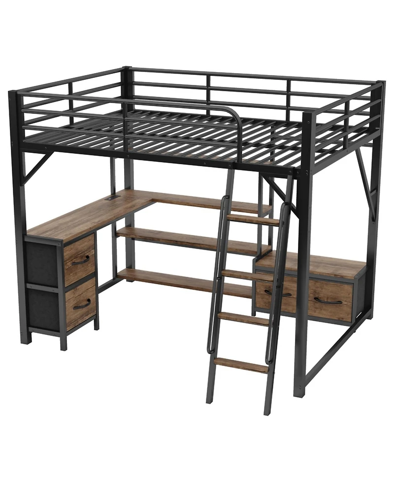 Streamdale Queen Size Loft Bed with Desk, Led, Shelves, Wardrobe & Drawers