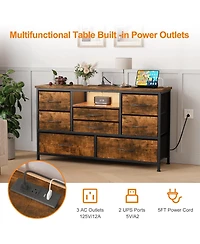 gaomon 8-Drawer Dresser Tv Stand with Led Lights & Charging Station, 55" Entertainment Center Storage, Rustic Brown