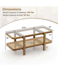 Costway 2-Tier Rustic Coffee Table with Storage Tempered Glass Tabletop Pe Rattan Shelf