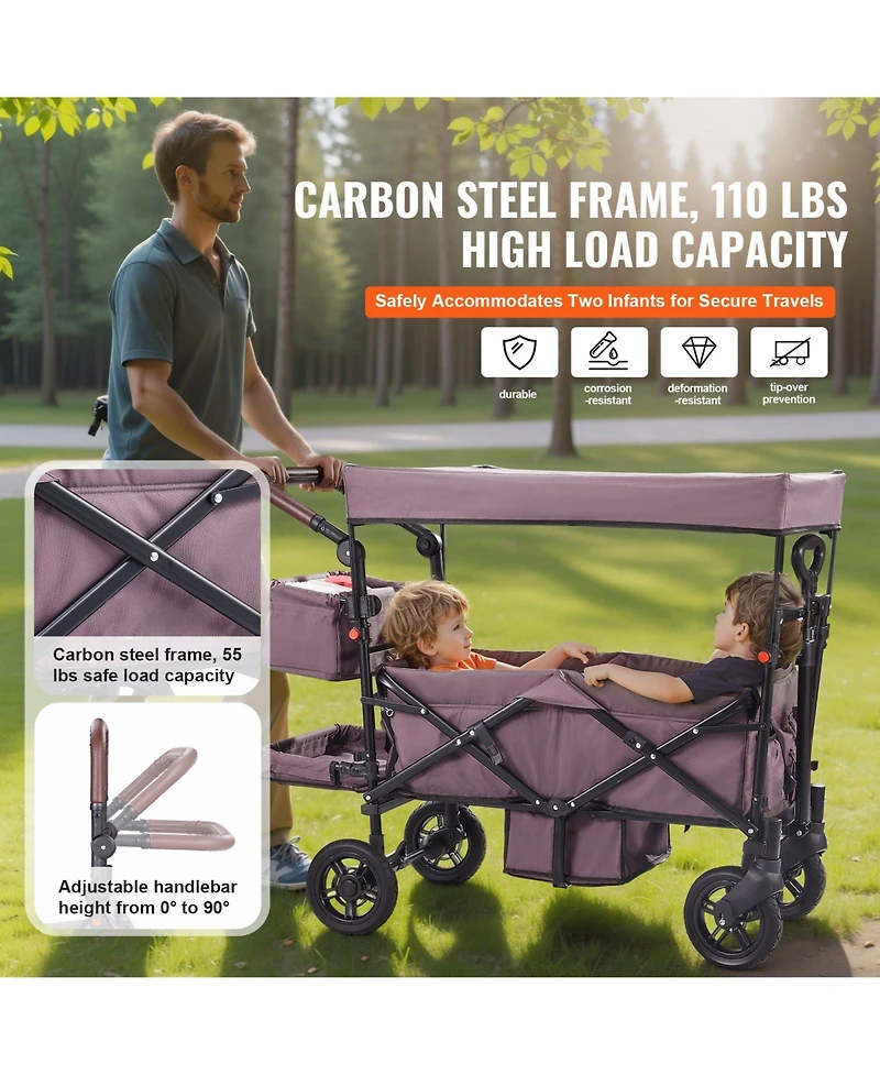 Sugift Wagon Stroller for 2 Kids Folding Push-Pull Stroller with Canopy Purple