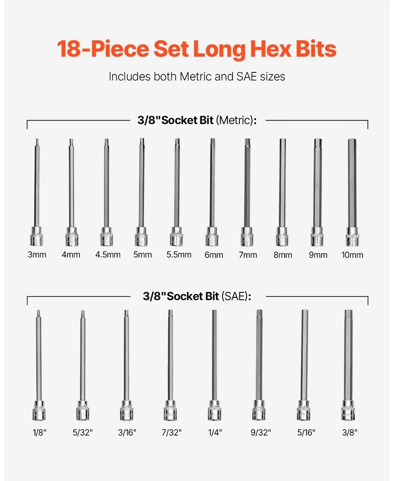 Sugfit 18-Piece Extra Long Allen Hex Bit Set for Hard-to-Reach Applications