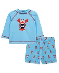 Little Me Baby Boys' Lobster Long-Sleeve Rash Guard and Swim Trunks, 2-Piece Set