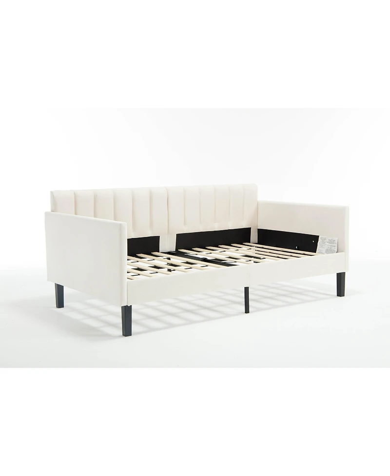 Lovmor Elena Twin Size Beige Velvet Upholstered Daybed Ribbed Tufted Backrest Daybed in Lavish Modern Design Richly Hued Foam Comfort