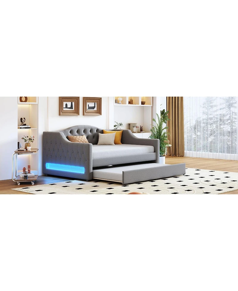 Lovmor Upholstered Full Xl Size Daybed with Led Belt and Trundle Gray