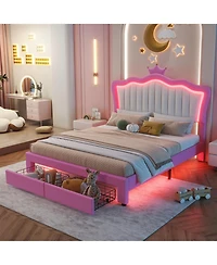 Lovmor Full Size Upholstered Bed Frame with Led Lights Modern Upholstered Princess Bed with Crown Headboard 2 Drawers Pink+White