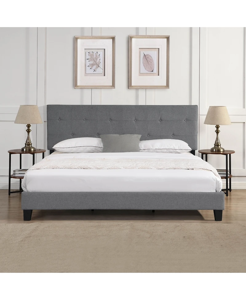 Lovmor King Size Upholstered Platform Bed Frame with Button Tufted Linen Fabric Headboard No Box Spring Needed Wood Slat Support Easy Assembly Gray