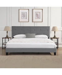 Lovmor King Size Upholstered Platform Bed Frame with Button Tufted Linen Fabric Headboard No Box Spring Needed Wood Slat Support Easy Assembly Gray